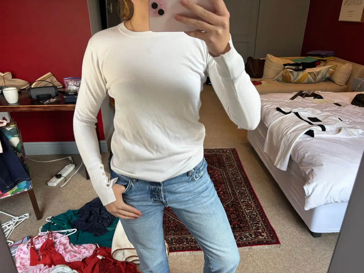 Zara White Long Sleeve Top with Button Cuffs