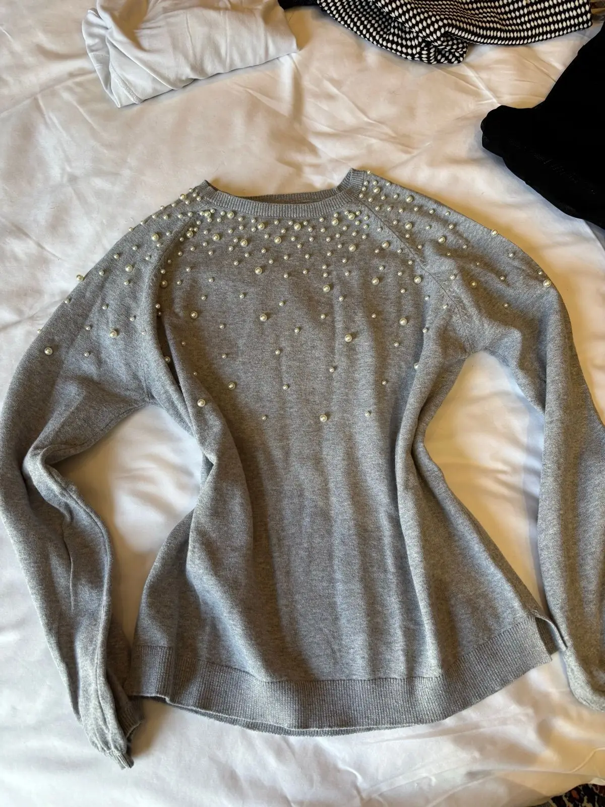 Zara Grey Pearl Embellished Knit Sweater