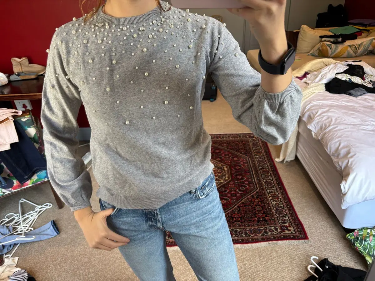 Zara Grey Pearl Embellished Knit Sweater
