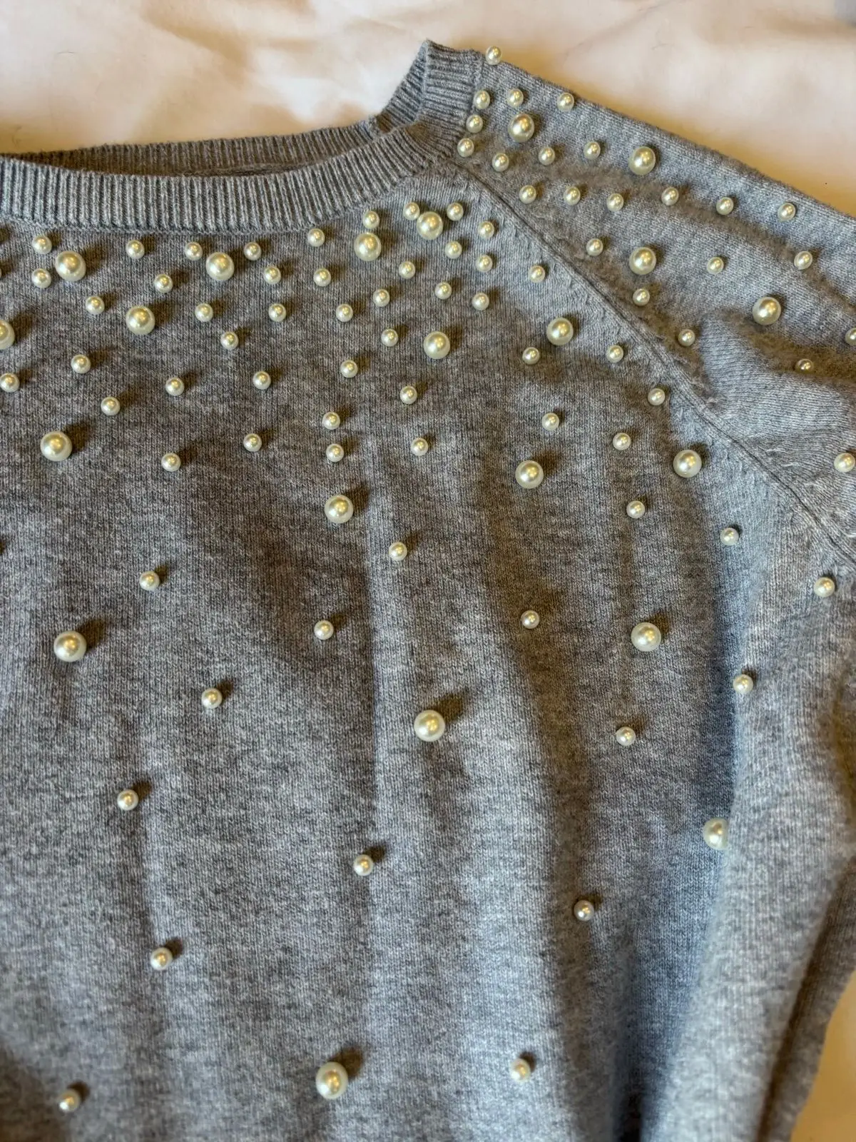 Zara Grey Pearl Embellished Knit Sweater