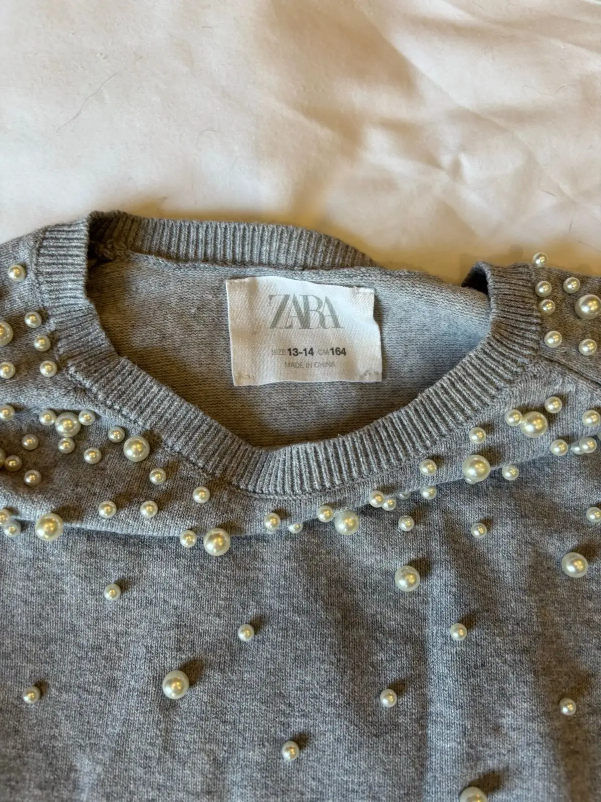 Zara Grey Pearl Embellished Knit Sweater