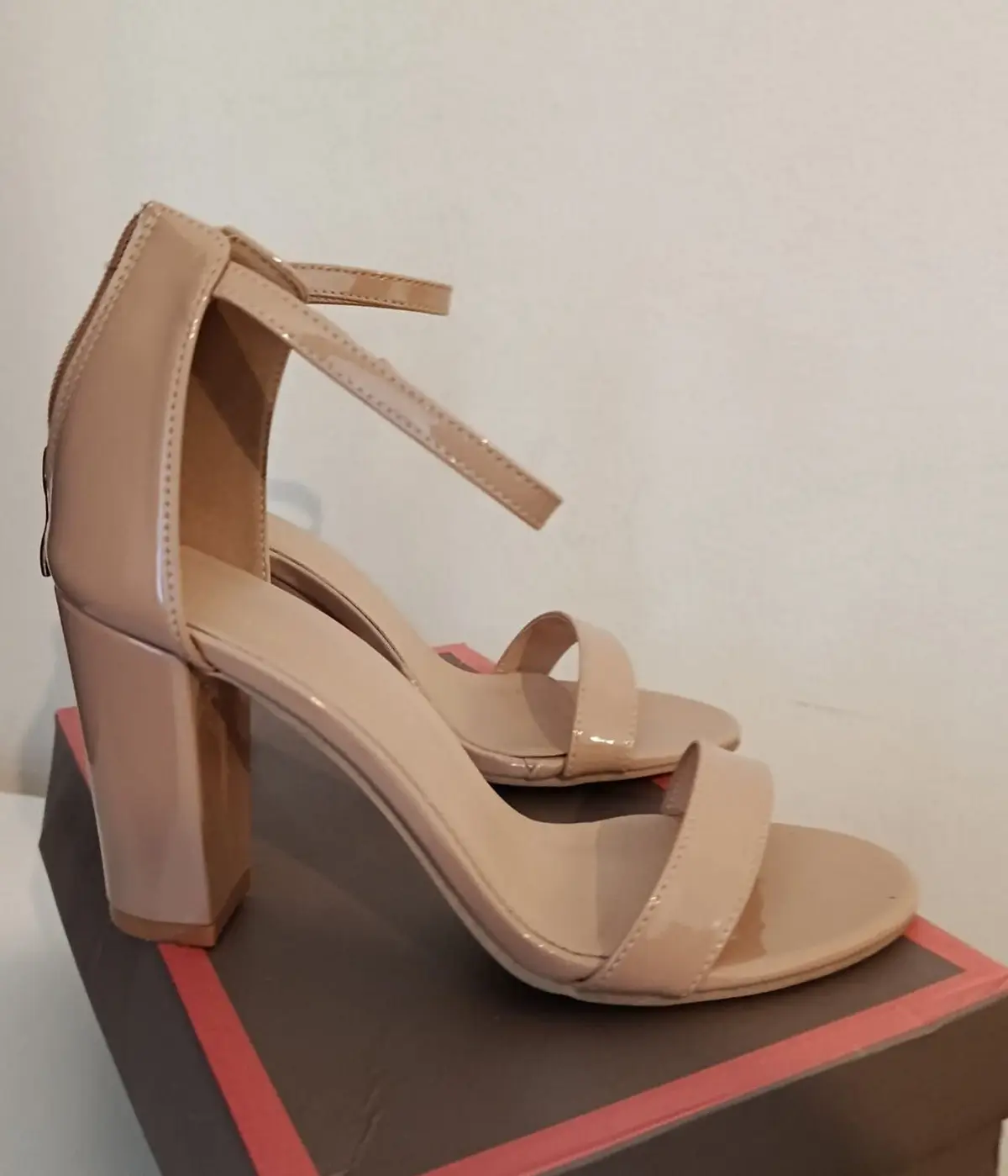 Beige Patent Block Heel Sandals