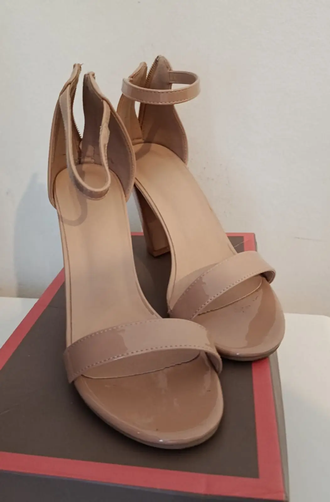 Beige Patent Block Heel Sandals