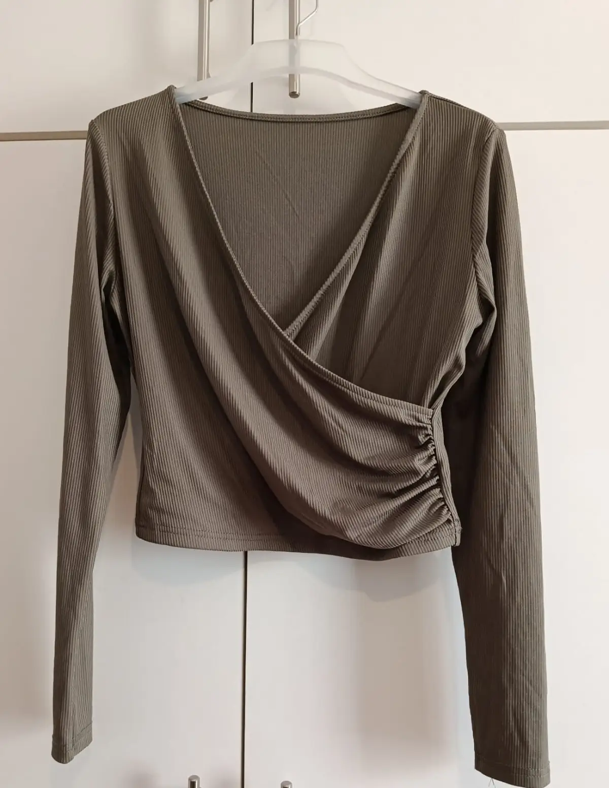 Olive Green Ribbed Long Sleeve Wrap Top