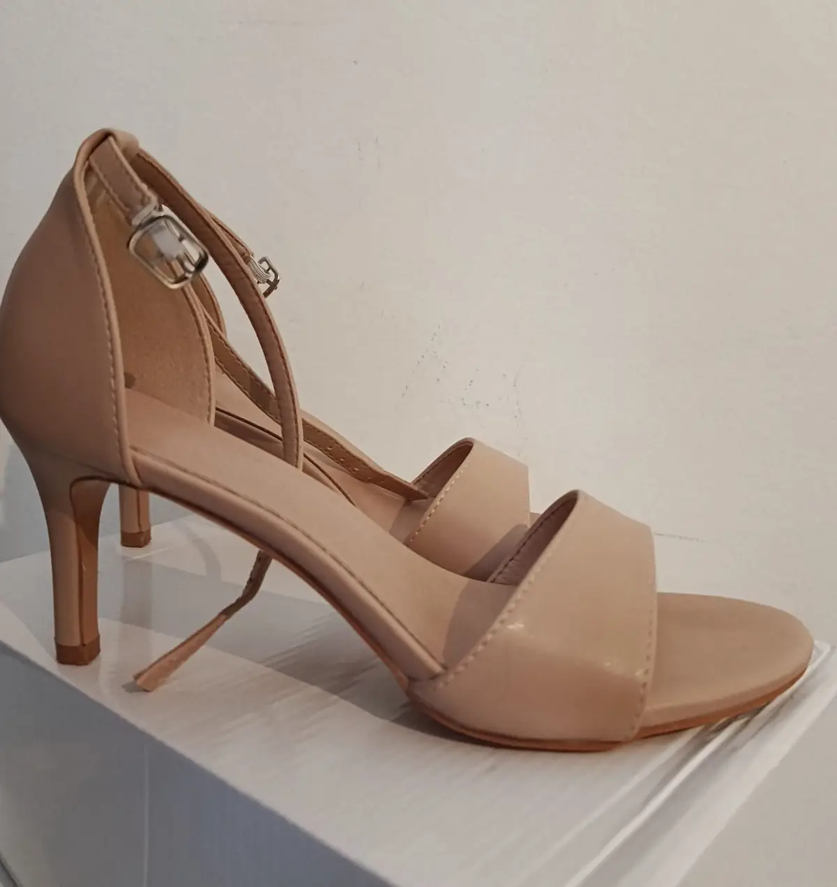 Beige Ankle Strap Heeled Sandals