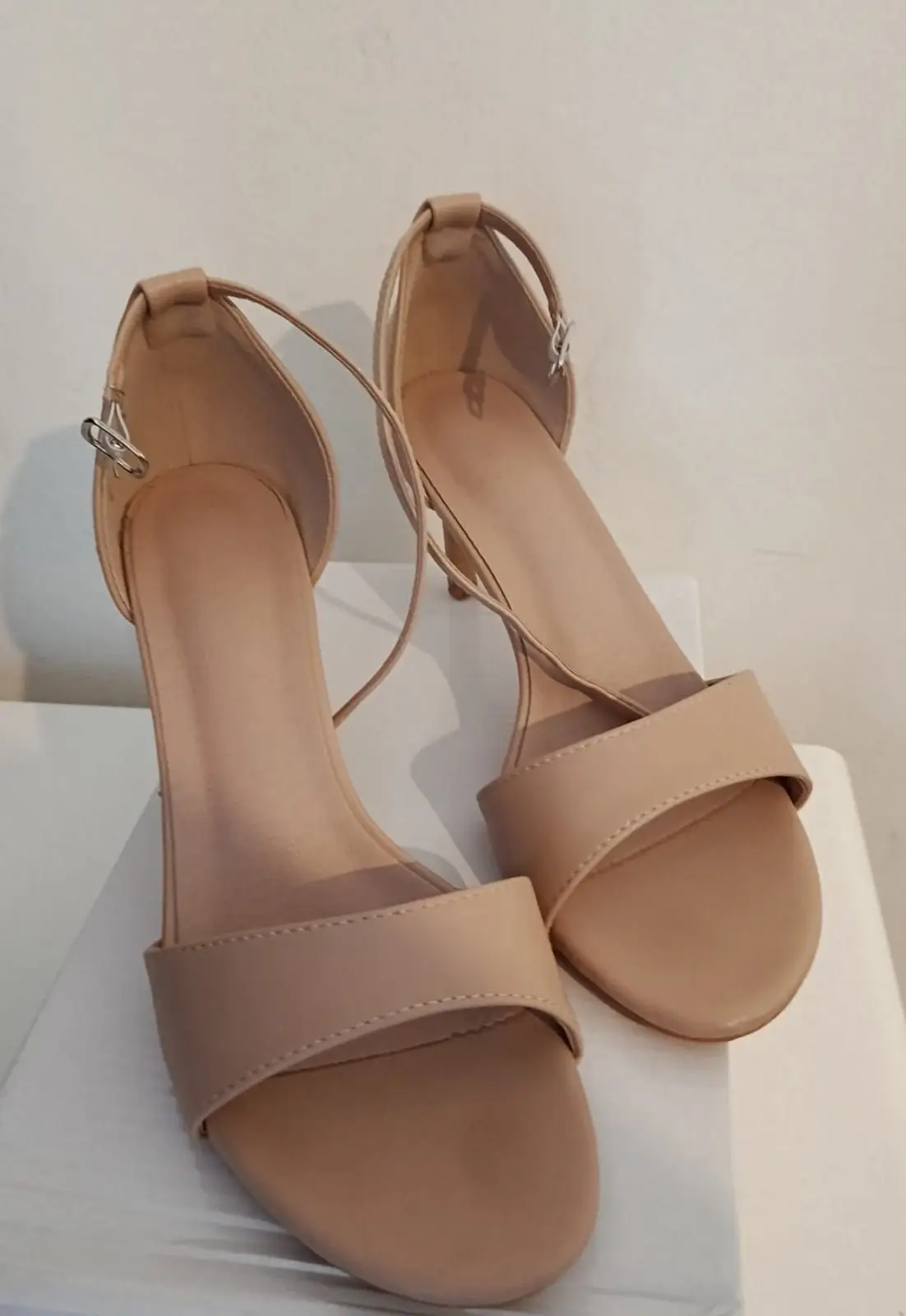 Beige Ankle Strap Heeled Sandals