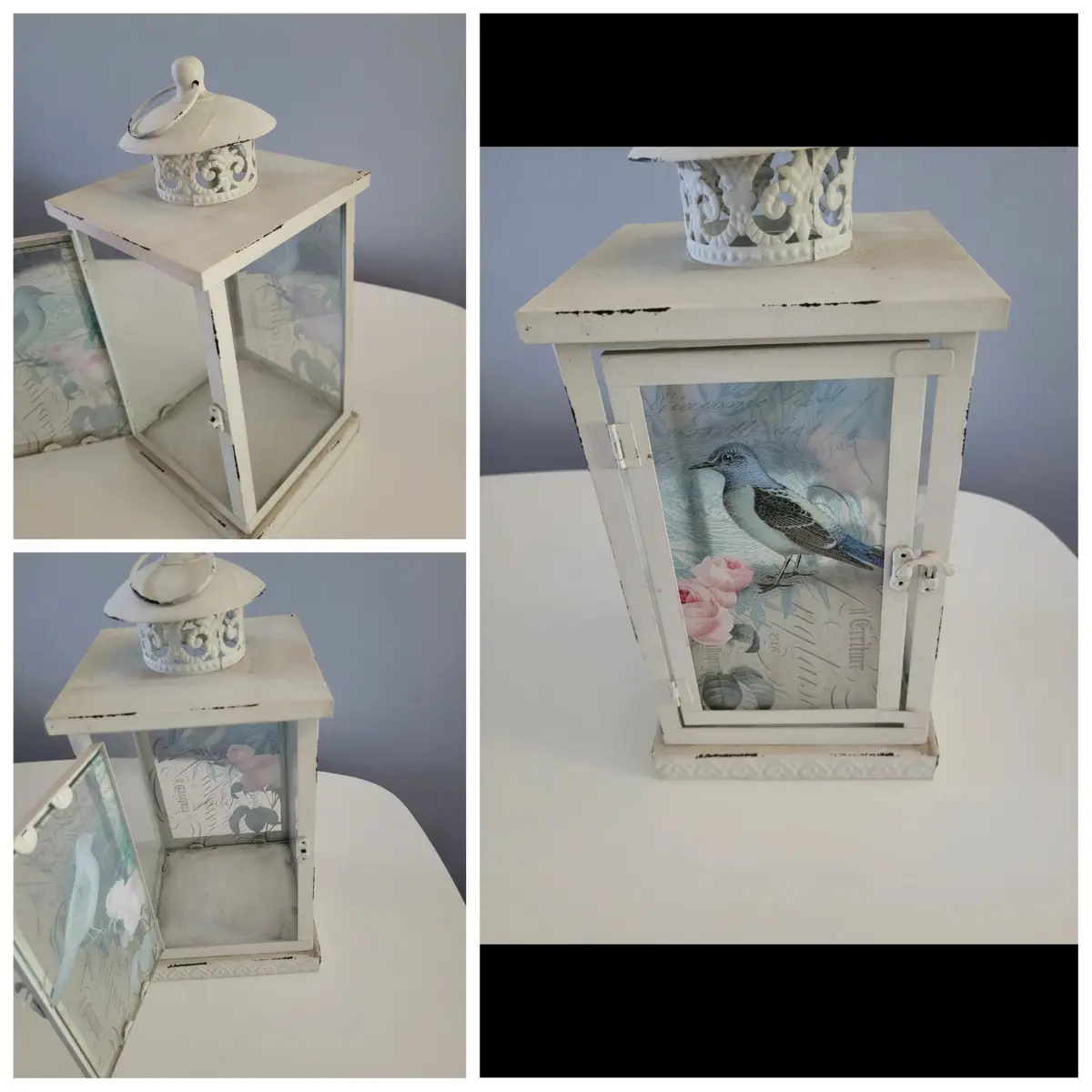 Vintage Style White Metal Lantern with Bird Illustration