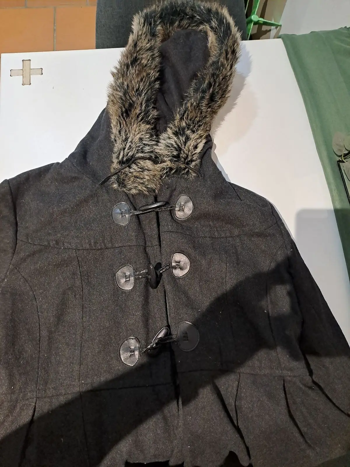 Dark Grey Duffle Coat with Faux-Fur Hood