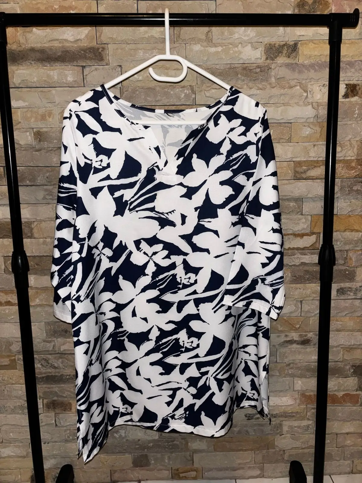 Shein Navy and White Floral Print Tunic Top