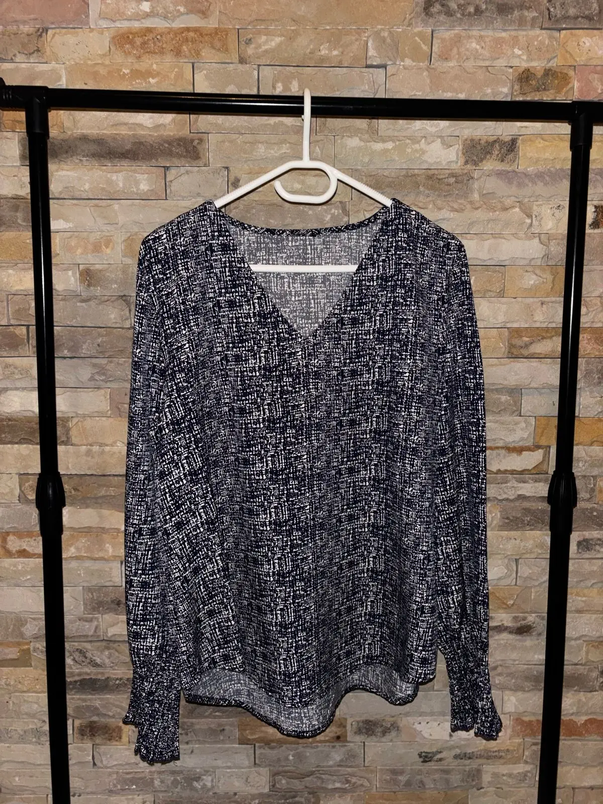 Shein Navy and White Patterned Long Sleeve Blouse