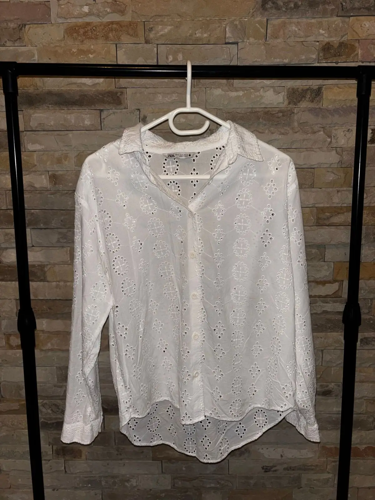 Zara White Broderie Anglaise Long Sleeve Shirt