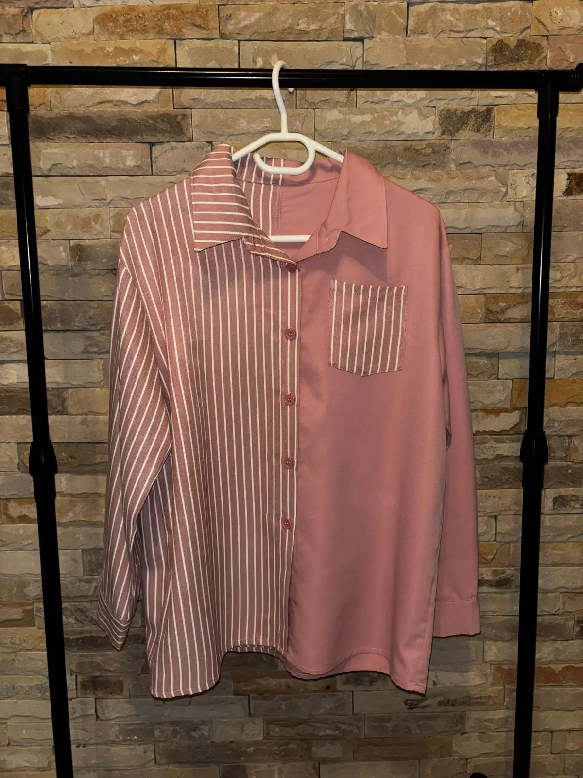 Shein Pink Split Stripe Long Sleeve Button Up Shirt