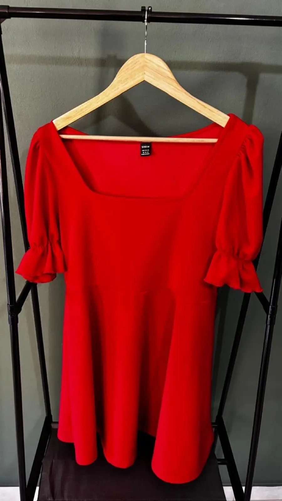 Shein Red Square Neck Puff Sleeve Dress