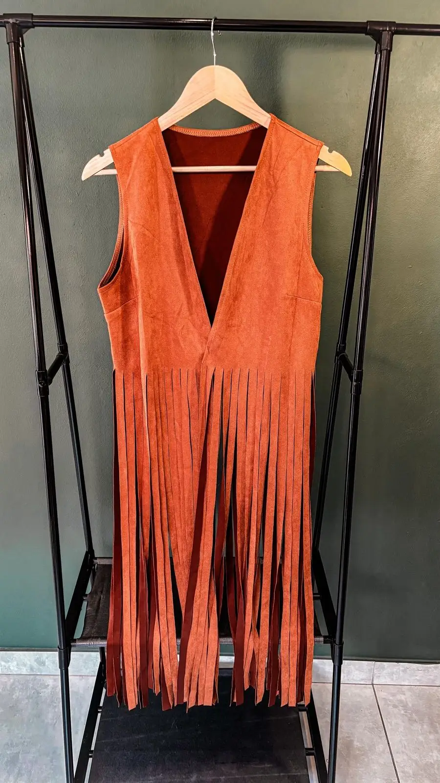 Temu Rust Orange Faux Suede Fringe Vest