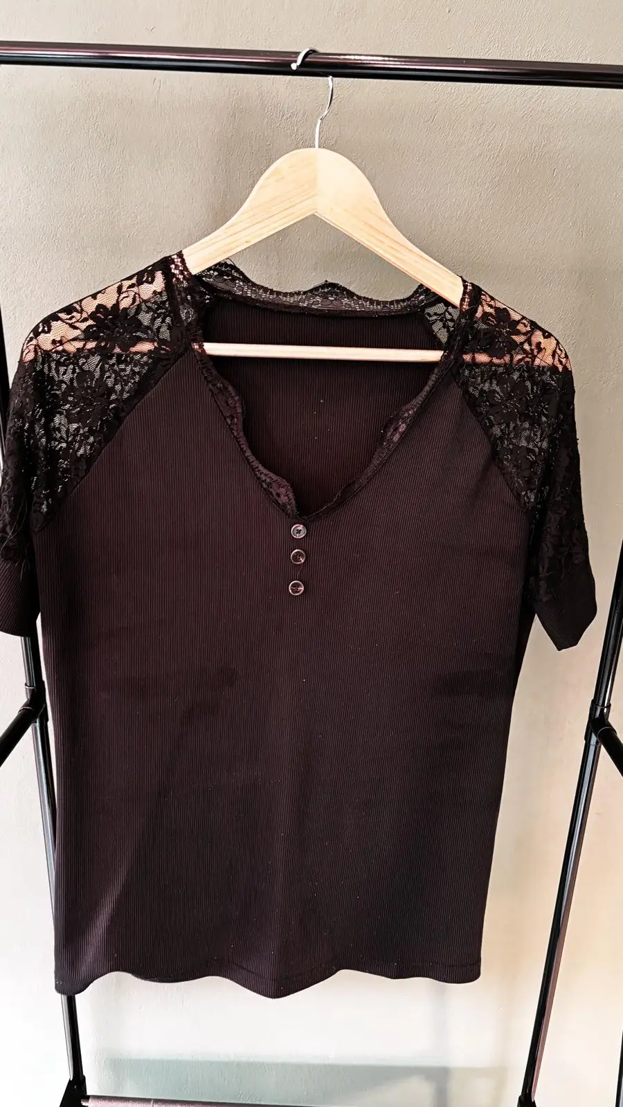 Temu Black Ribbed Lace Detail Top