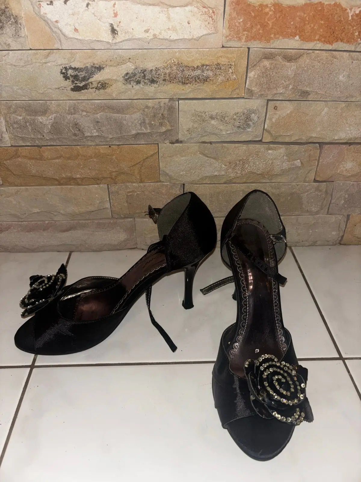 Black Satin Rose Detail High Heels
