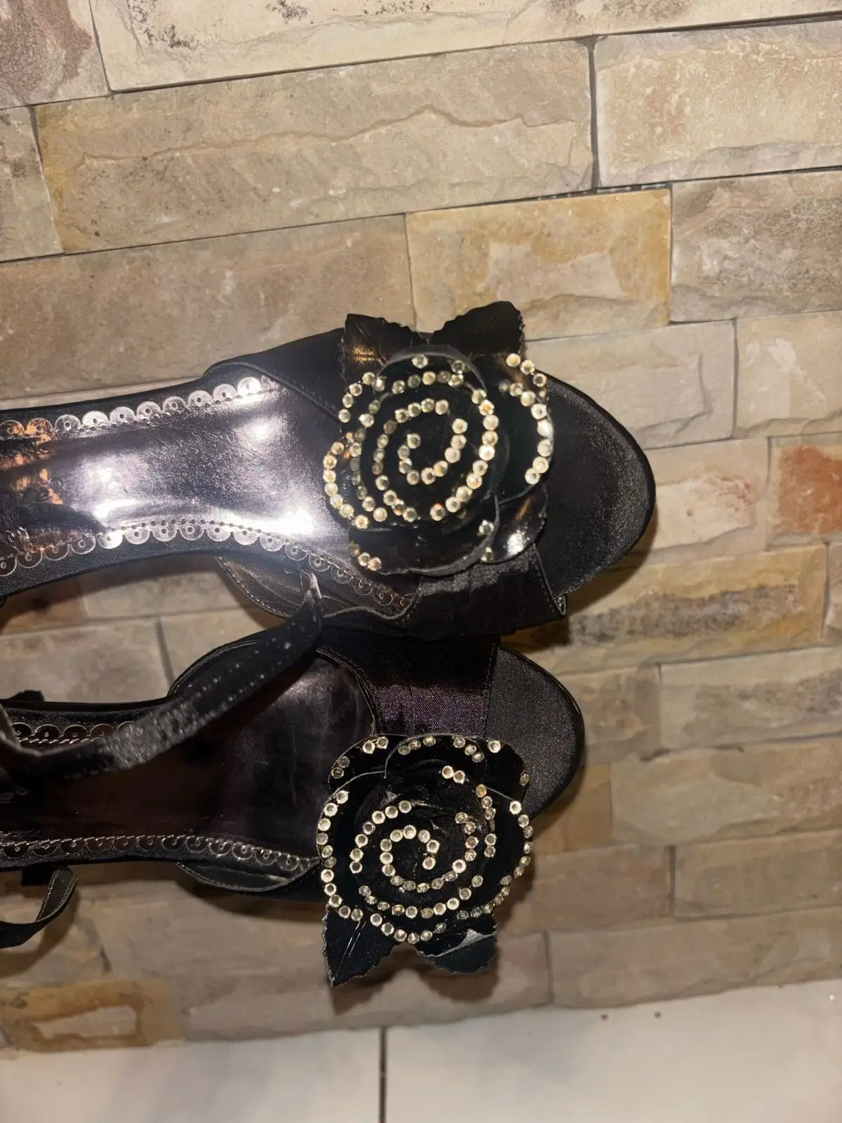 Black Satin Rose Detail High Heels