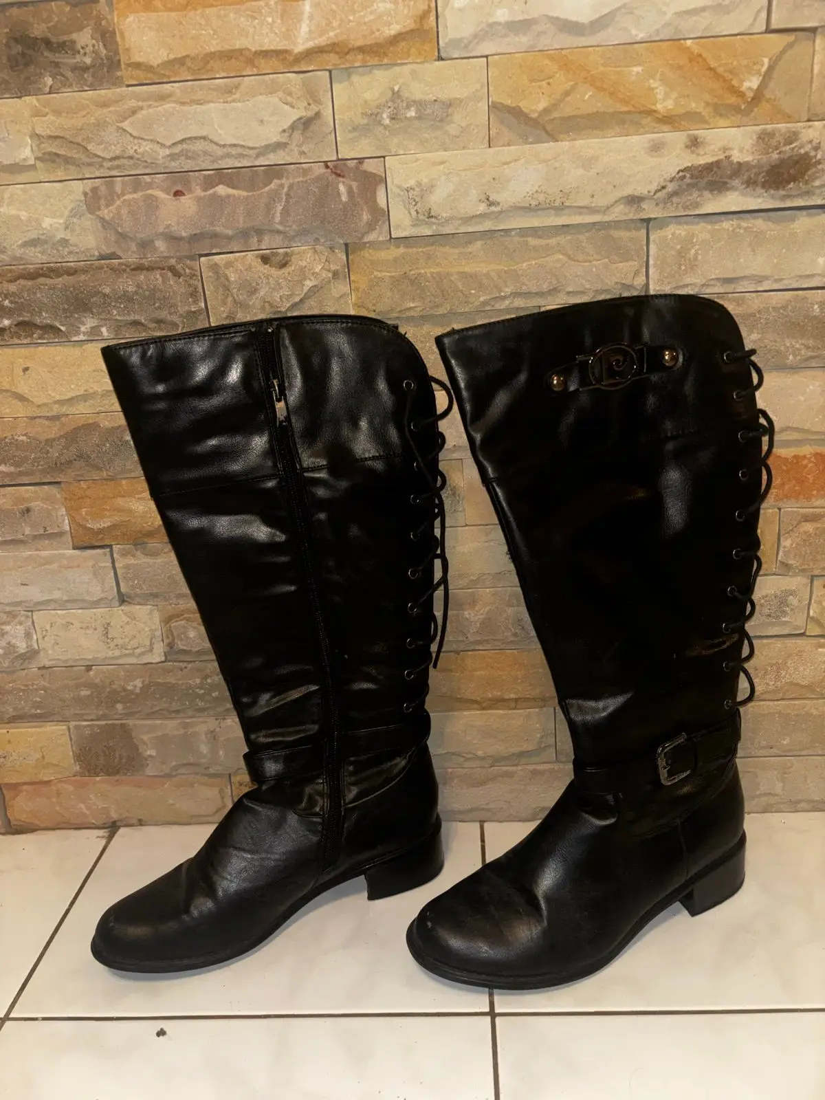 Pierre Cardin Black Knee-High Lace-Up Boots
