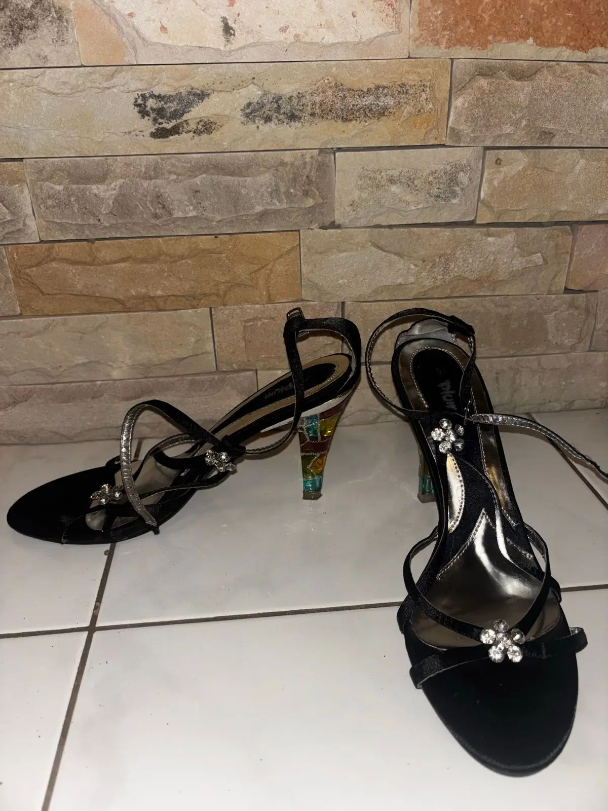 Plum Footwear Black Strappy Heels with Rhinestone Flowers