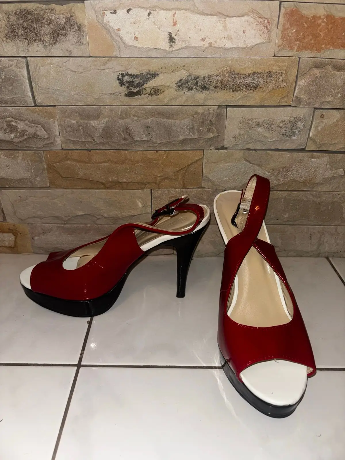 Queenspark Red Patent Slingback Platform Heels