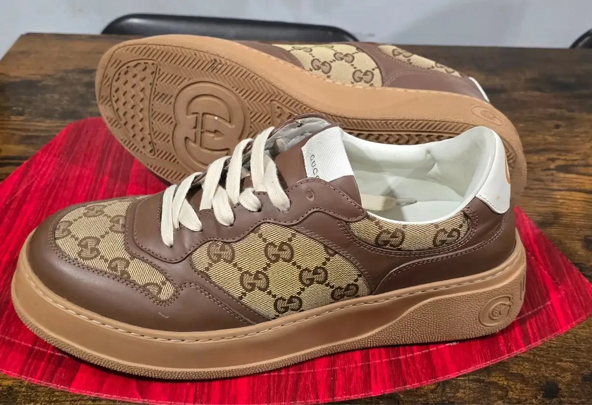 Gucci GG Canvas and Brown Leather Platform Sneakers