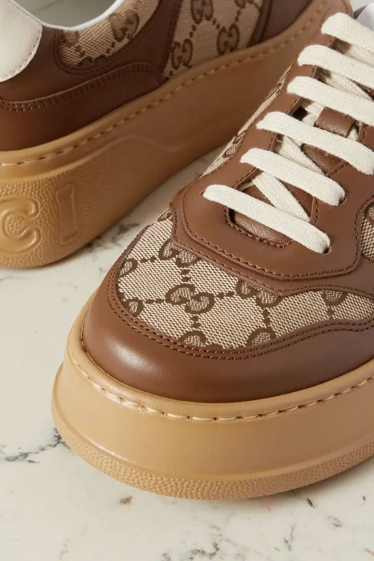 Gucci GG Canvas and Brown Leather Platform Sneakers