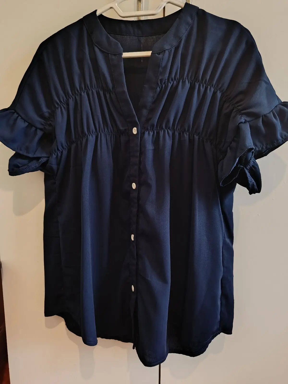 Navy Blue Short Sleeve Ruffle Blouse