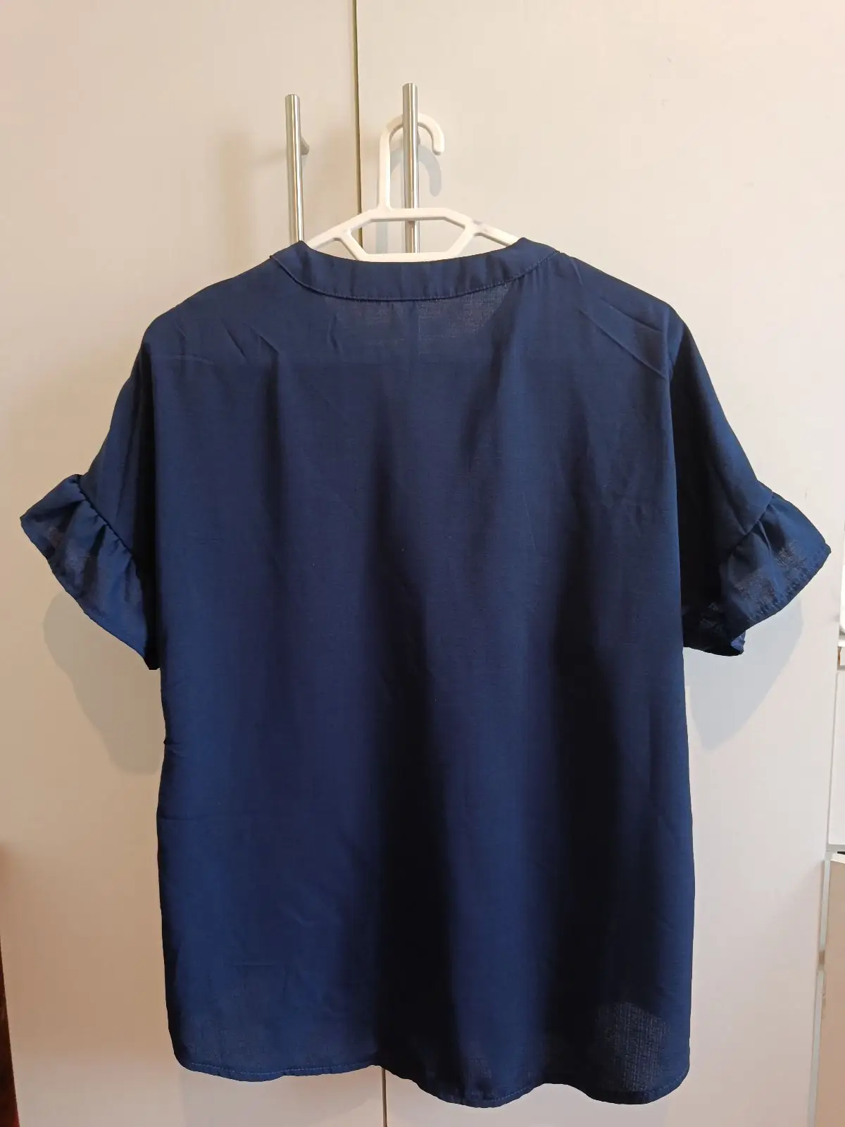Navy Blue Short Sleeve Ruffle Blouse
