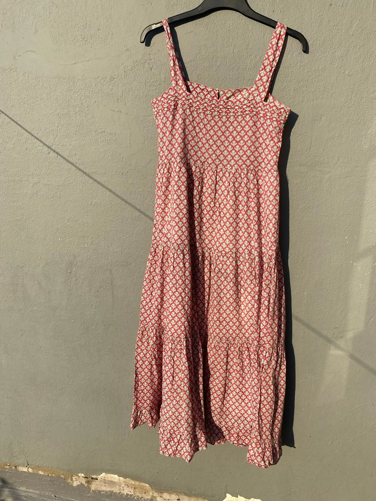 Red and White Patterned Tiered Maxi Dress