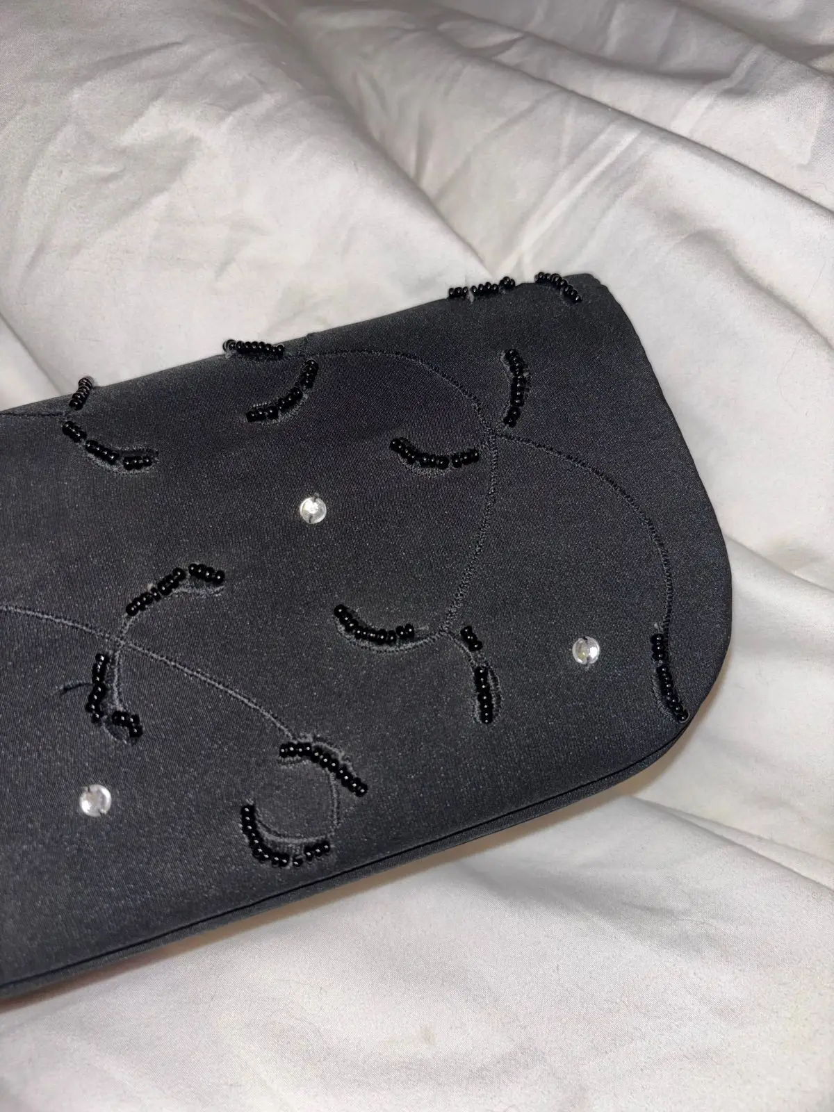 Black Beaded Satin Evening Clutch Bag