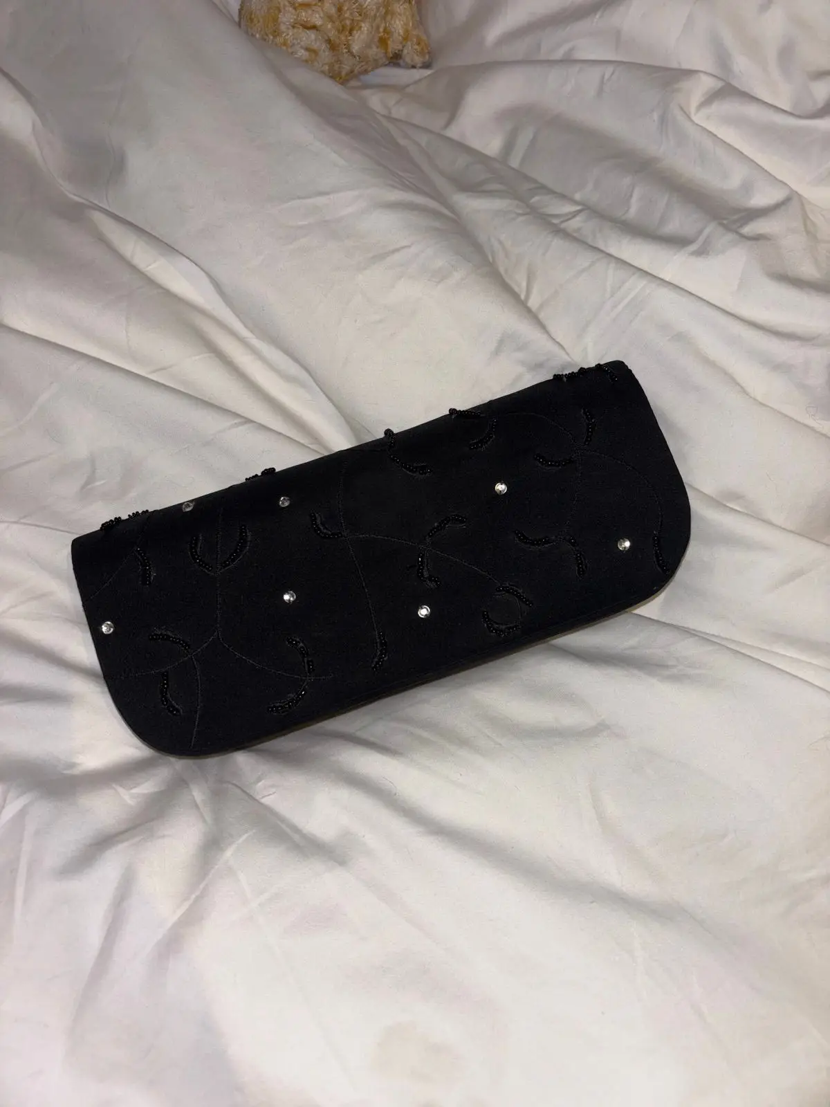 Black Beaded Satin Evening Clutch Bag