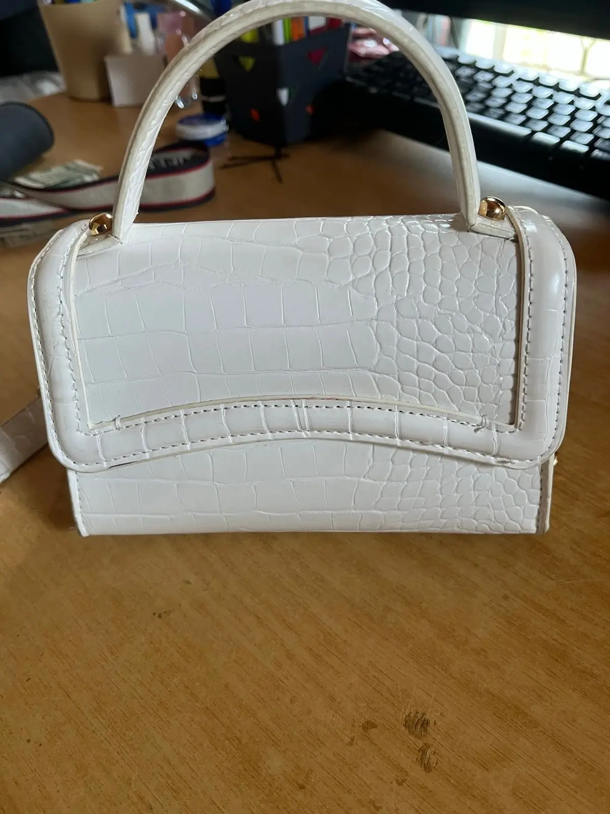 White Croc-Effect Mini Handbag with Gold Chain Strap