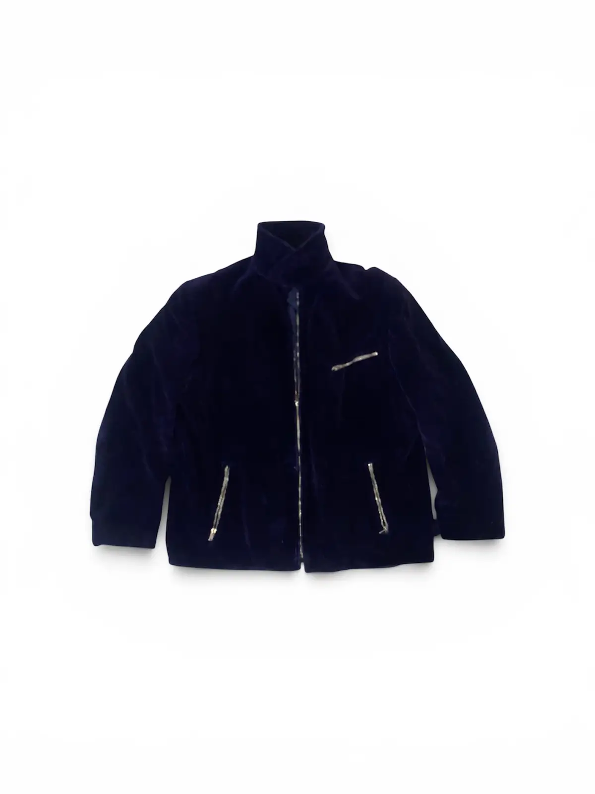 Navy Blue Velvet Zip Up Jacket Silver Zips