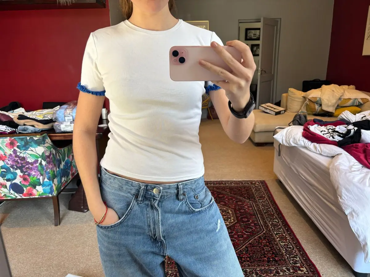 Zara White T-Shirt with Blue Ruffled Sleeves