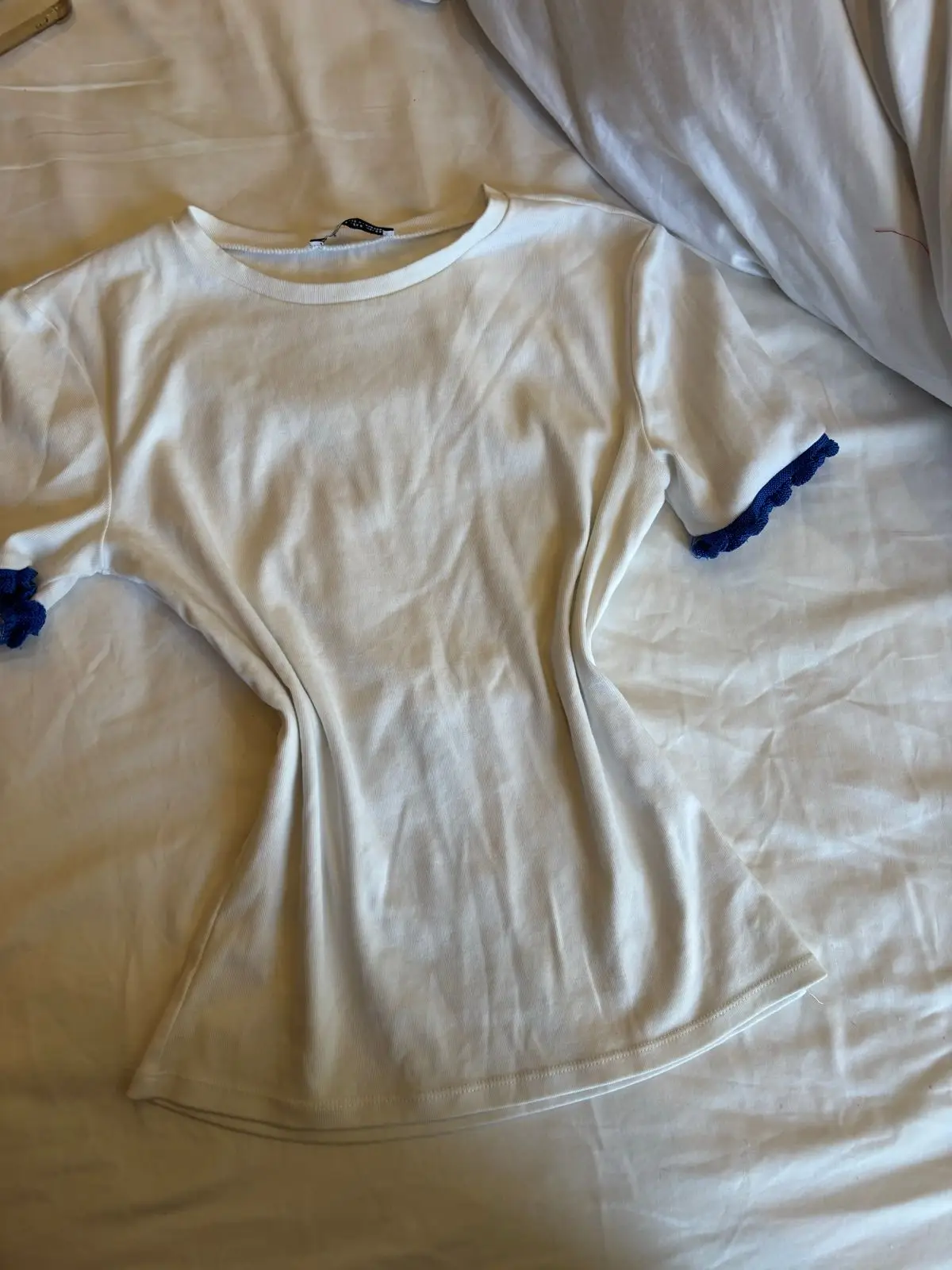 Zara White T-Shirt with Blue Ruffled Sleeves