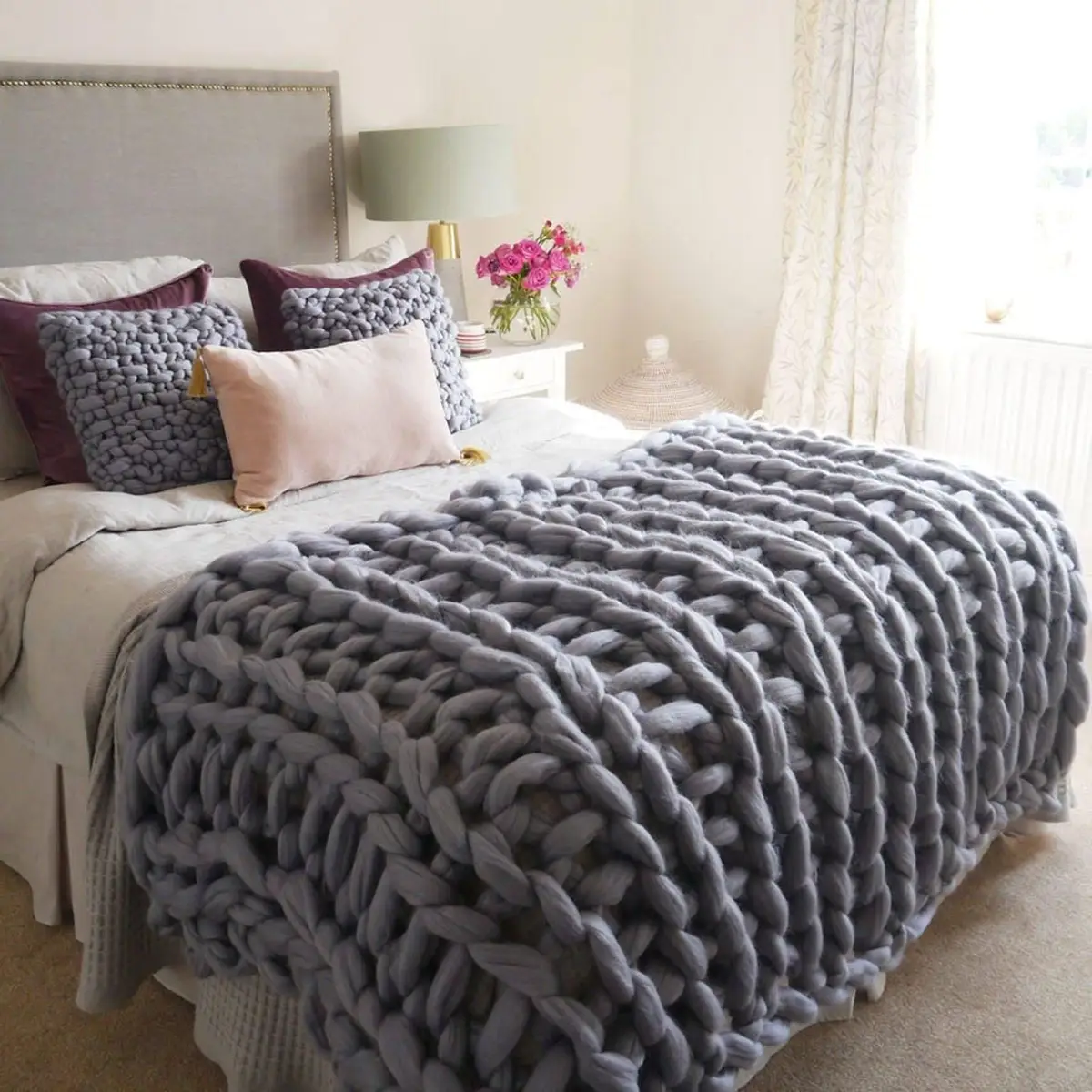 Chunky Knitted Beige Blanket