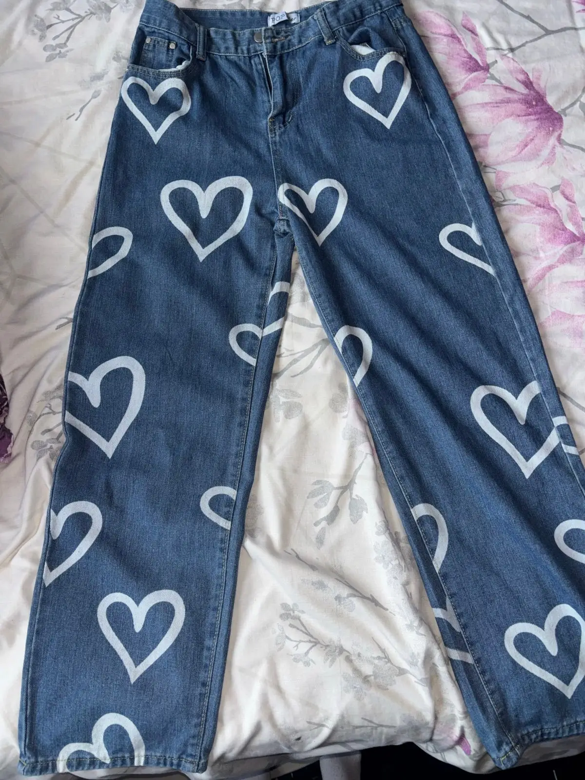 Blue Denim Jeans with White Heart Print