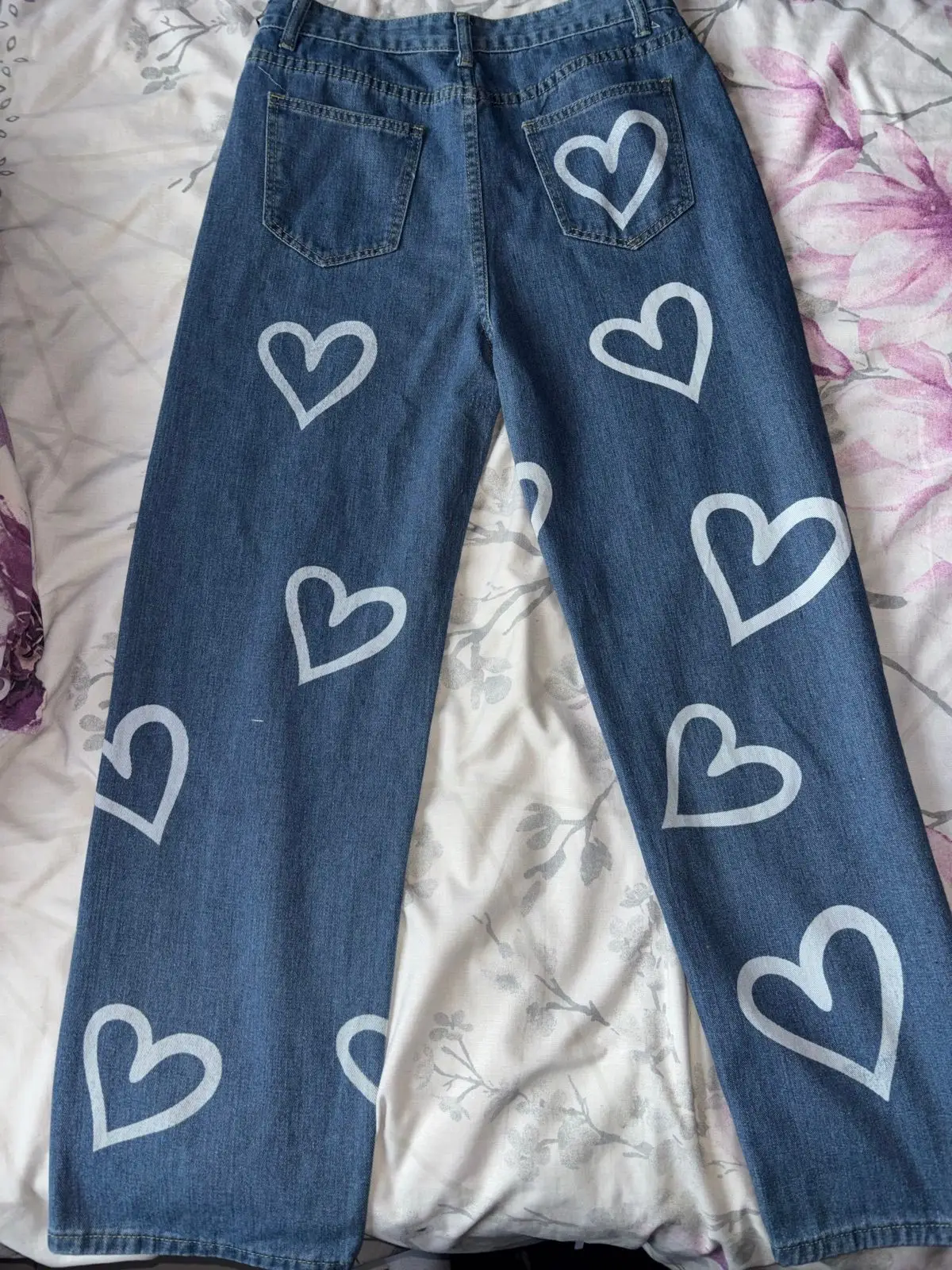 Blue Denim Jeans with White Heart Print