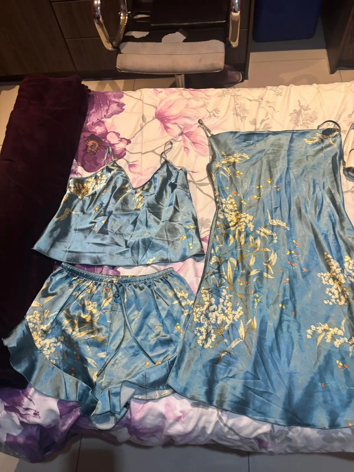 Shein Blue Floral Satin Pajama Set