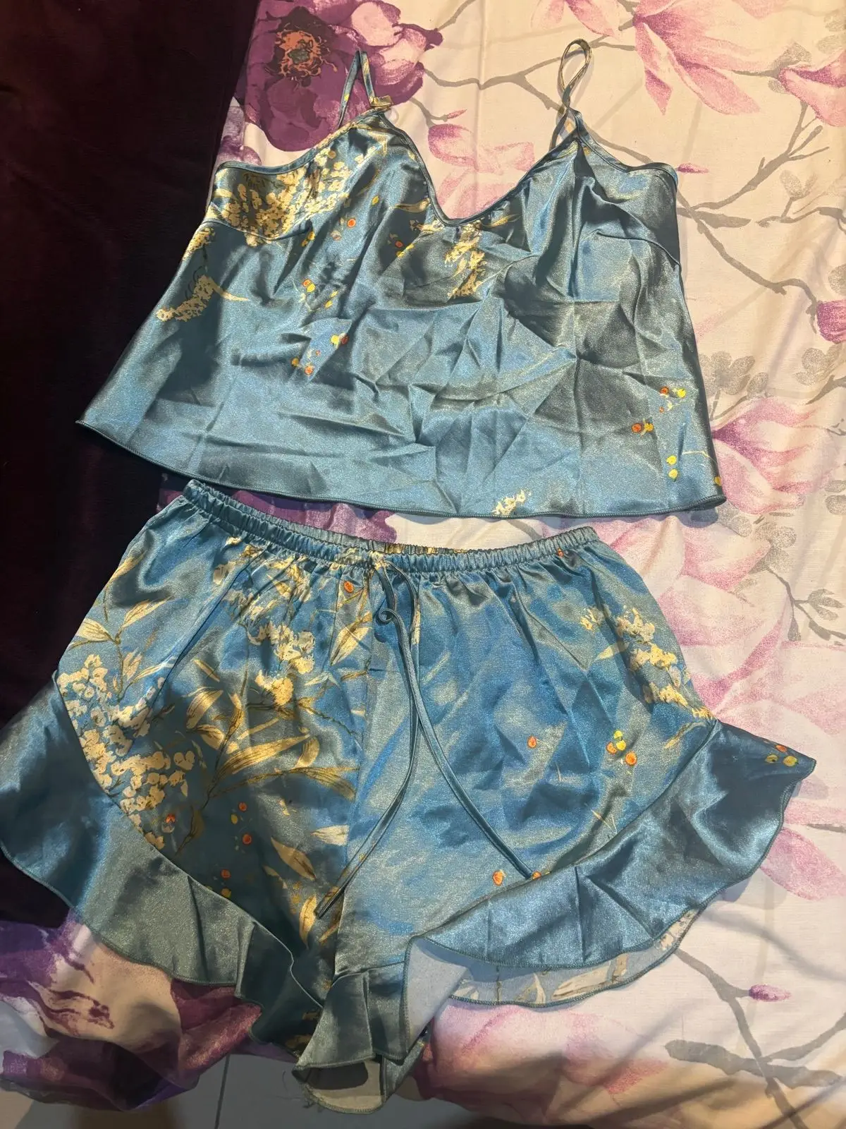 Shein Blue Floral Satin Pajama Set