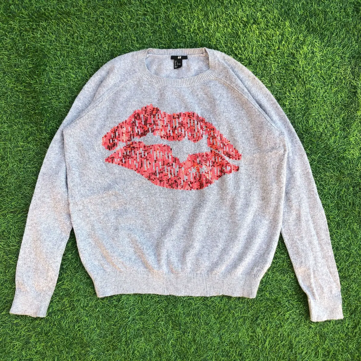 H&M Grey Sweater with Red Lip Graphic