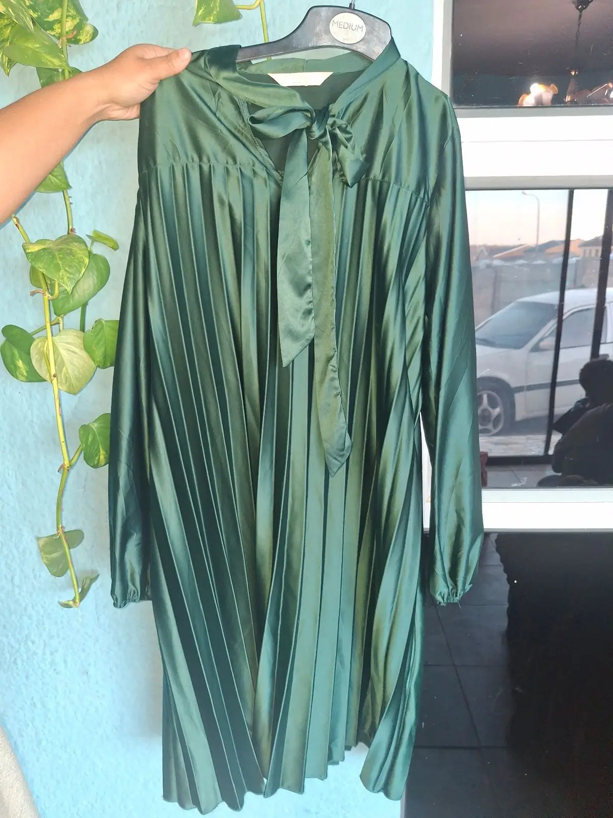 Forever New Green Pleated Satin Dress