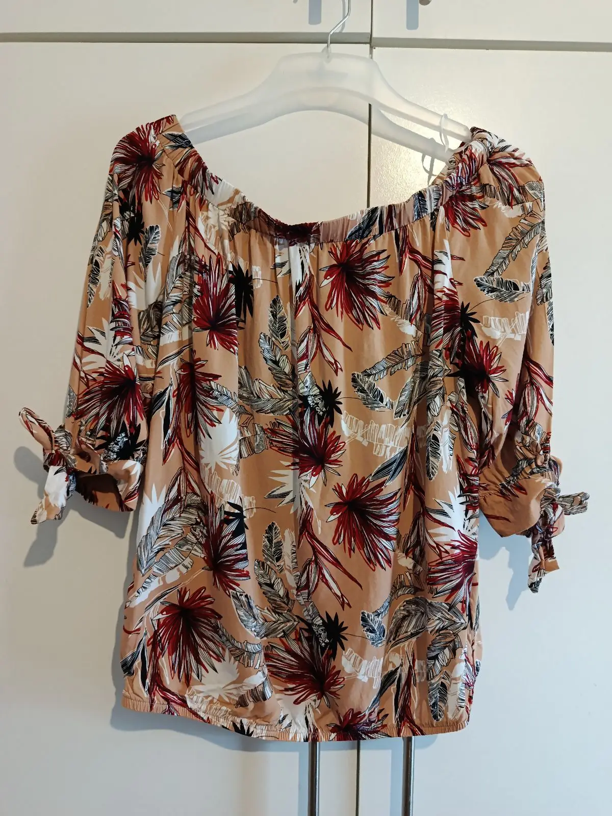 Beige Off-The-Shoulder Tropical Print Top