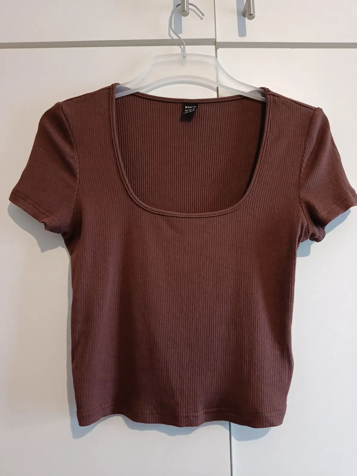 Shein Brown Ribbed Scoop Neck Crop Top