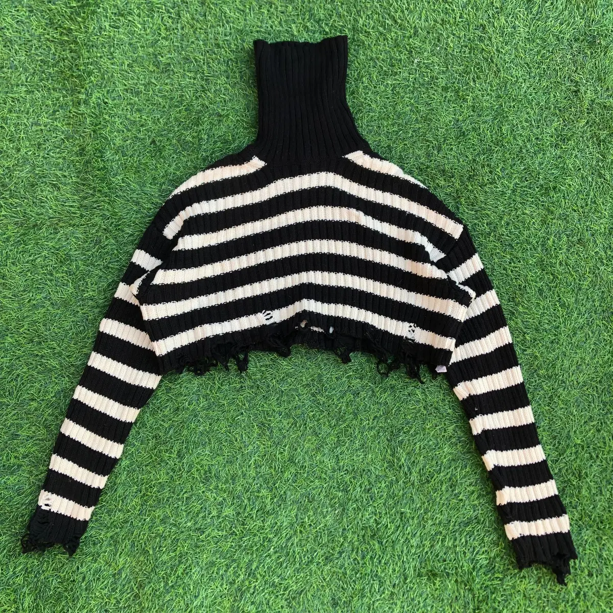 Zara Striped Cropped Distressed Turtleneck Knit