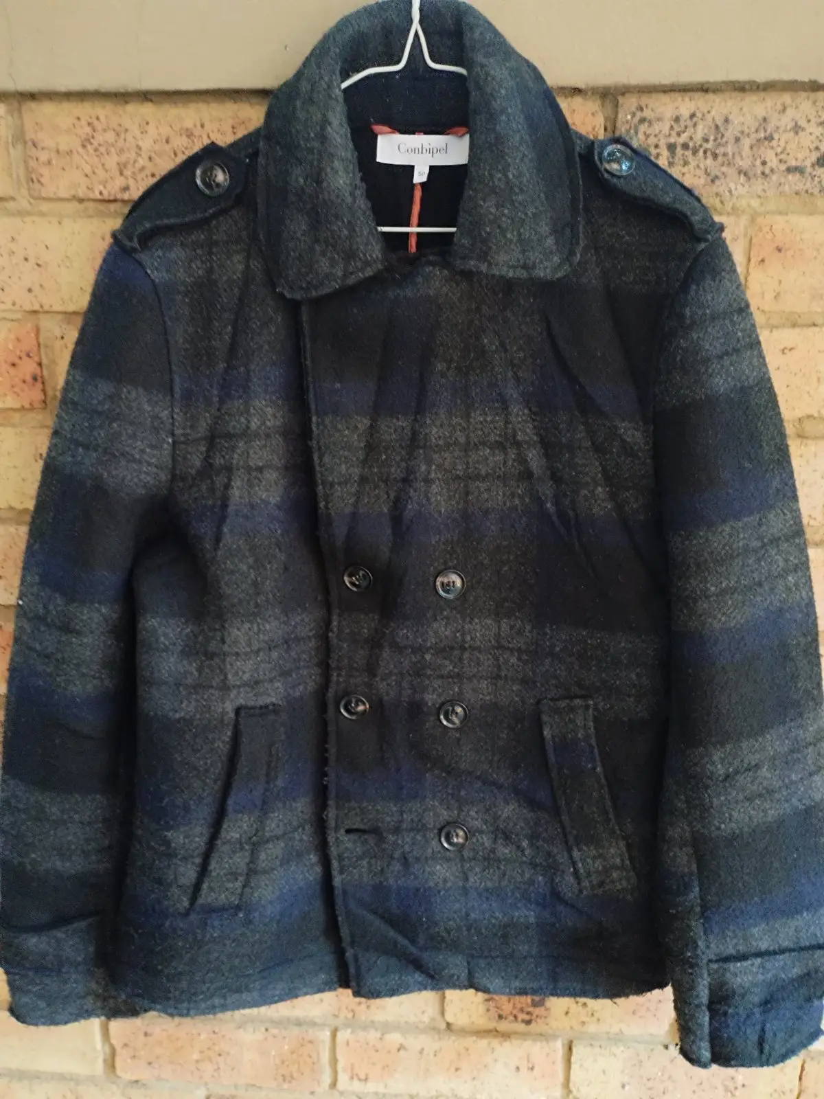Conbipel Double-Breasted Plaid Wool Blend Coat