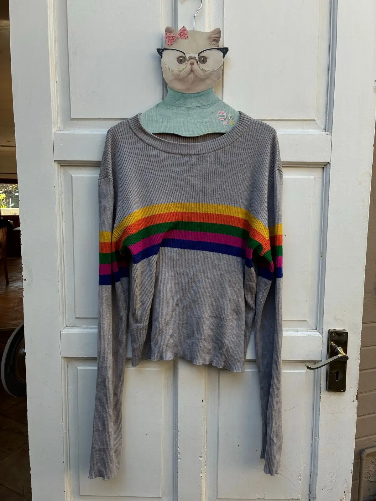 Grey Ribbed Knit Rainbow Stripe Long Sleeve Top