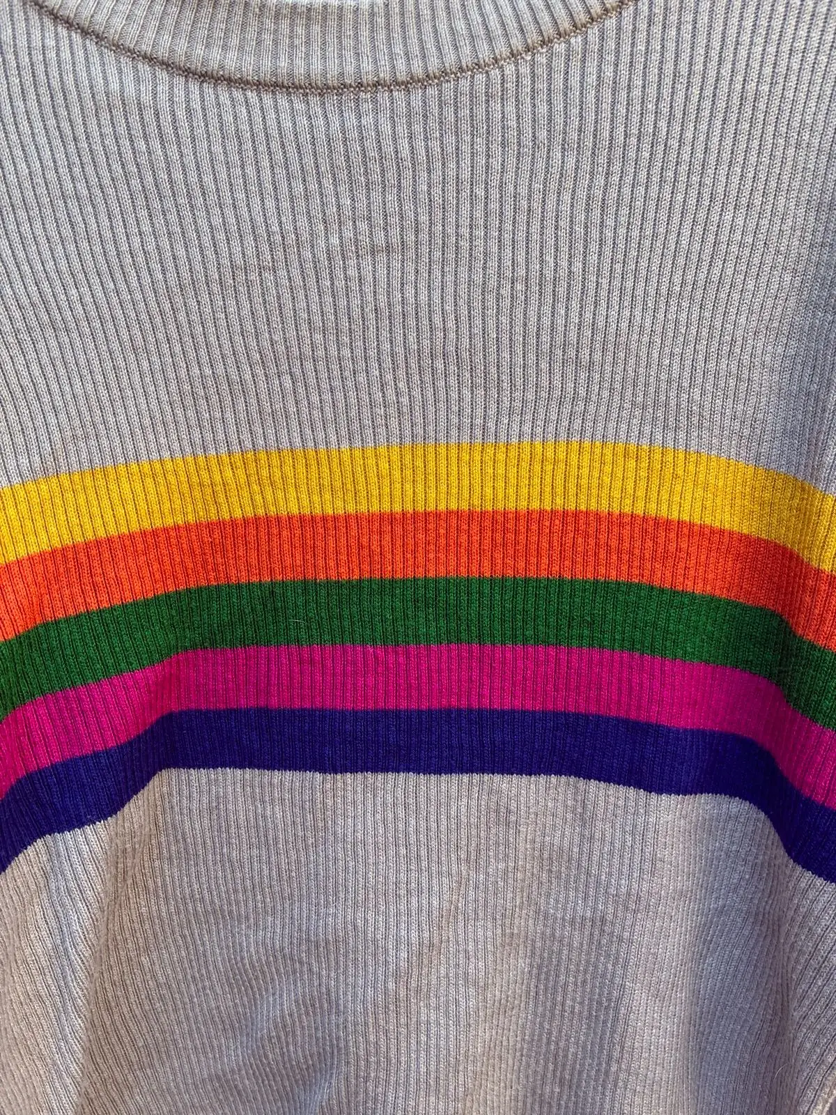 Grey Ribbed Knit Rainbow Stripe Long Sleeve Top