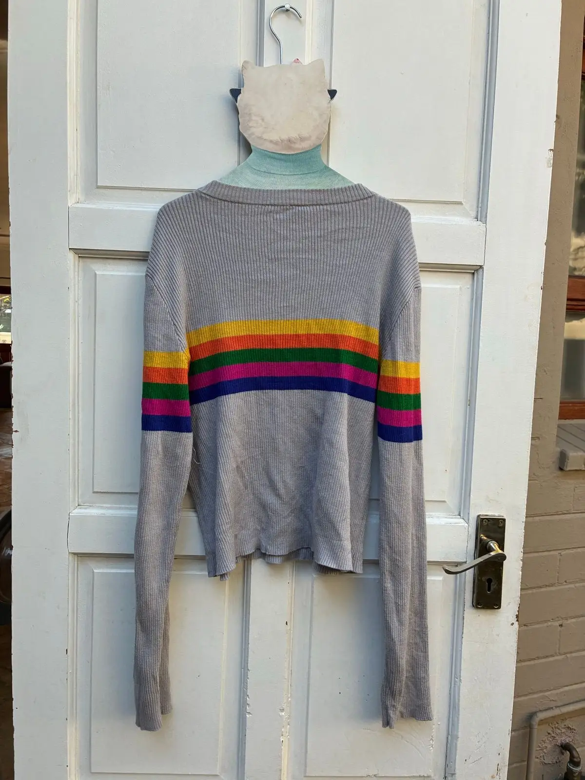 Grey Ribbed Knit Rainbow Stripe Long Sleeve Top