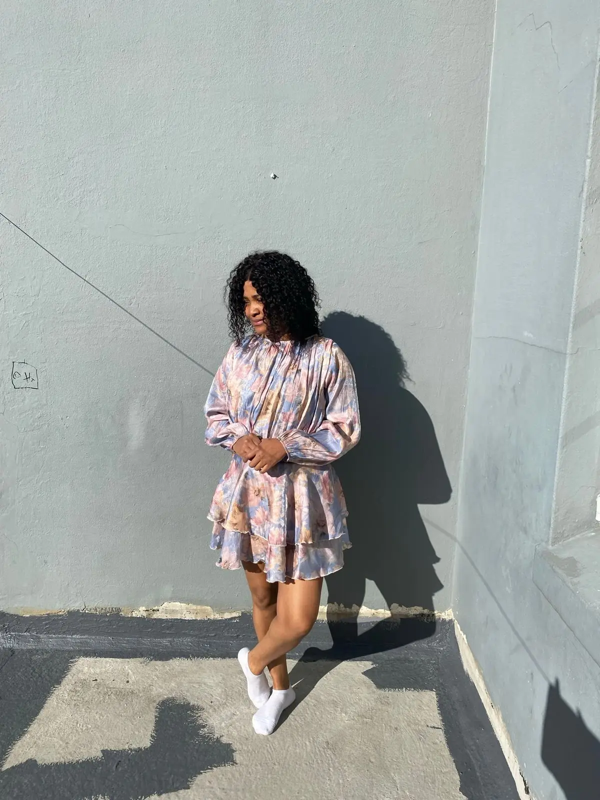 YDE Floral Long Sleeve Tiered Mini Dress